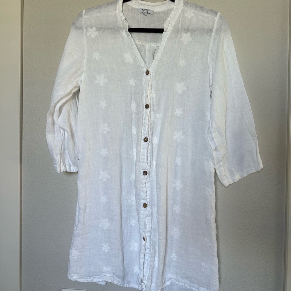 White 3/4 Sleeve Button Down Linen Dress